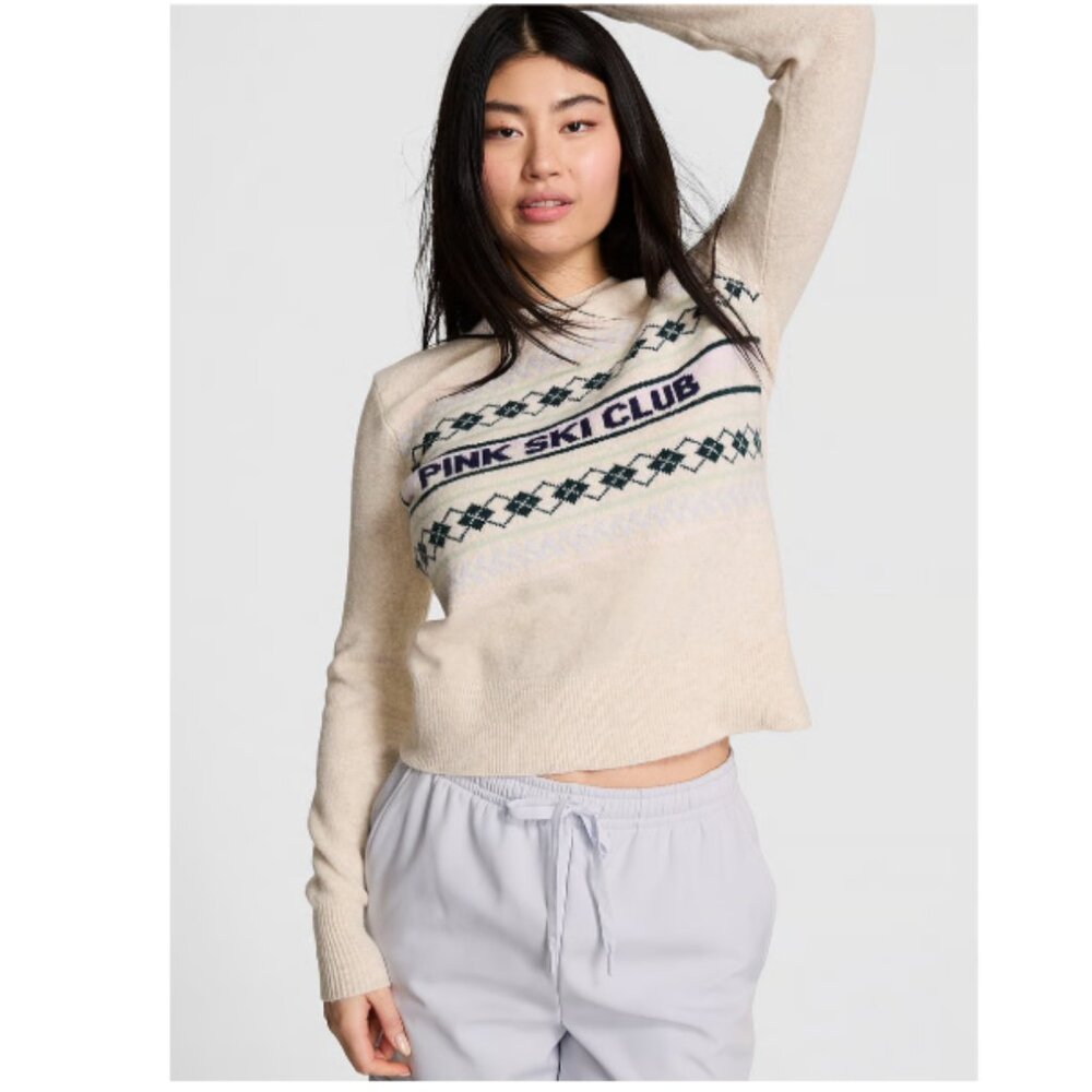 PINK Victoria's Secret Ski Club Collegiate Ivory Knit Crewneck Sweater XXL  NWT